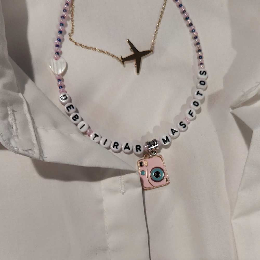 Pink Beaded Necklace with Camera Charm